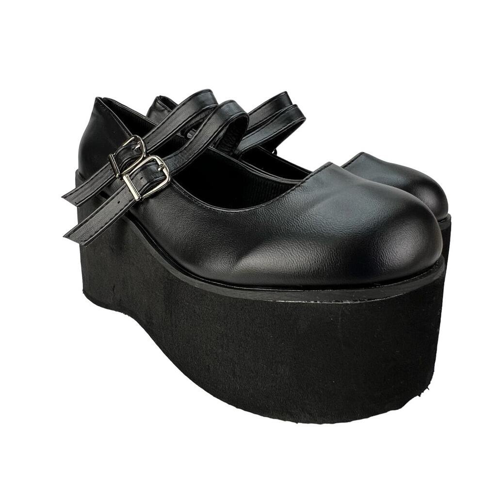 Goth Black Platform Mary Jane Lightweight Sandals Wedge DOUBLE Strap Shoes 6